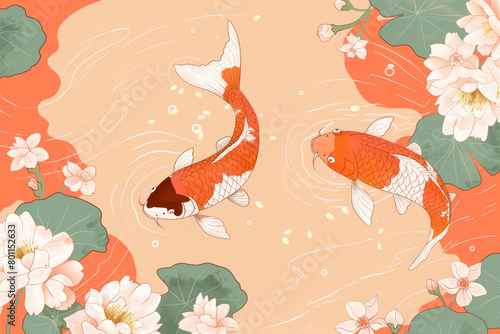 Japan koi fish border. Sea Japanese carp swimming in water with flowers.