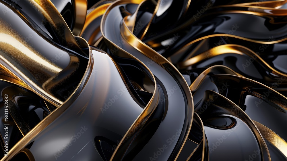 3D ribbons of black and gold swirling in a dynamic composition, with contrasting glossy and velvet-like textures creating a sense of motion.