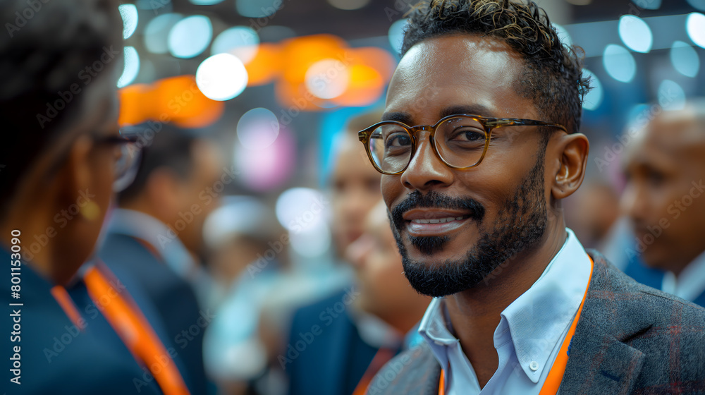 A smiling African American businessin a suit walks past a cafe with people socializing outdoors A smiling African American businessin a suit walks past a cafe with people socializing outdoors