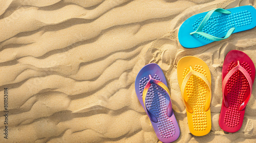 Different color flip-flops on sand beach background