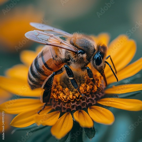 Bee Pollination. A honeybee collecting pollen from blossoming flowers.