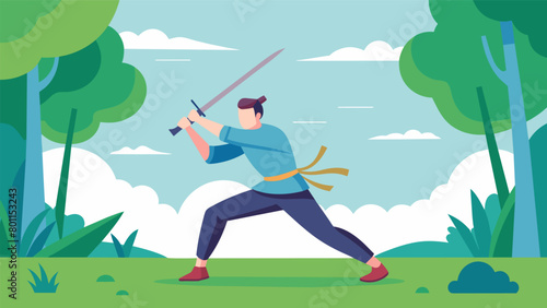 A man practices his swordplay in a wooded area using the fluidity and discipline of kendo to enhance his functional fitness for outdoor
