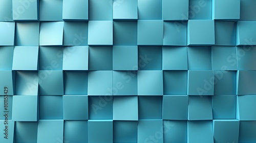  A tight shot of a blue-hued wall, composed of squared sections of varying shades, reflecting faintly from its smooth surface
