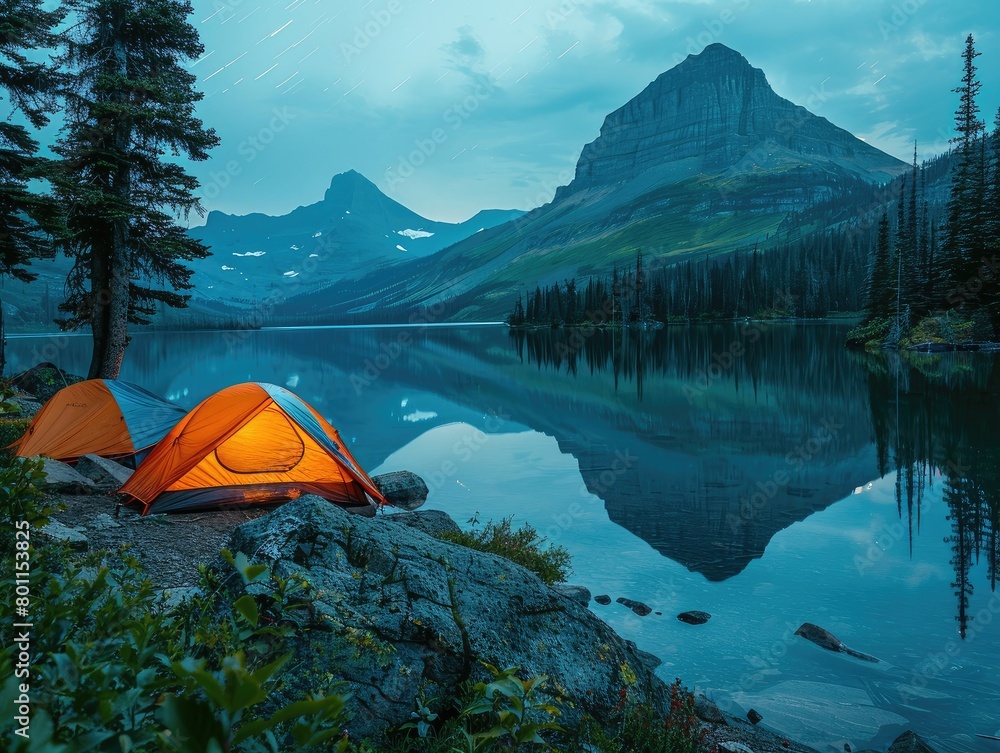 Setting Up Camp Beside a Glittering Mountain Lake - Tranquility - Lakeside Camping Photography with Tents Reflected in Calm Water - Stars Reflected in Mirror-Like Surface