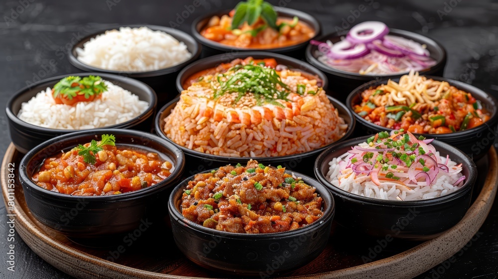 A wooden plate topped with various bowls, each brimming with distinct types of rice and vegetables A wooden plate topped with various bowls, each brimming with distinct types of rice and vegetables