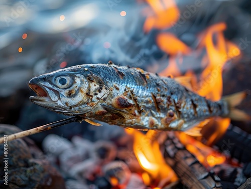 Cooking Freshly Caught Fish Over Open Flames - Culinary Delight - Wilderness Cooking Photography with Fish on Stick Over Fire - Sizzle and Aroma Filling Evening Air 