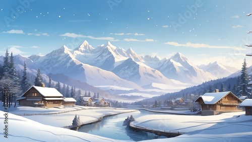 snowy winter landscape of village in mountains. beautiful view for banner, poster, web, social media. generative ai photo