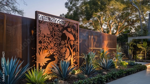 Decorative corten steel garden screens featuring detailed wildlife scenes, set in a modern landscaped backyard with vibrant ornamental plants photo