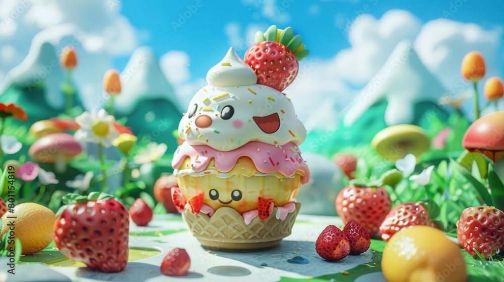 A cartoon character is sitting on top of a strawberry ice cream cone
