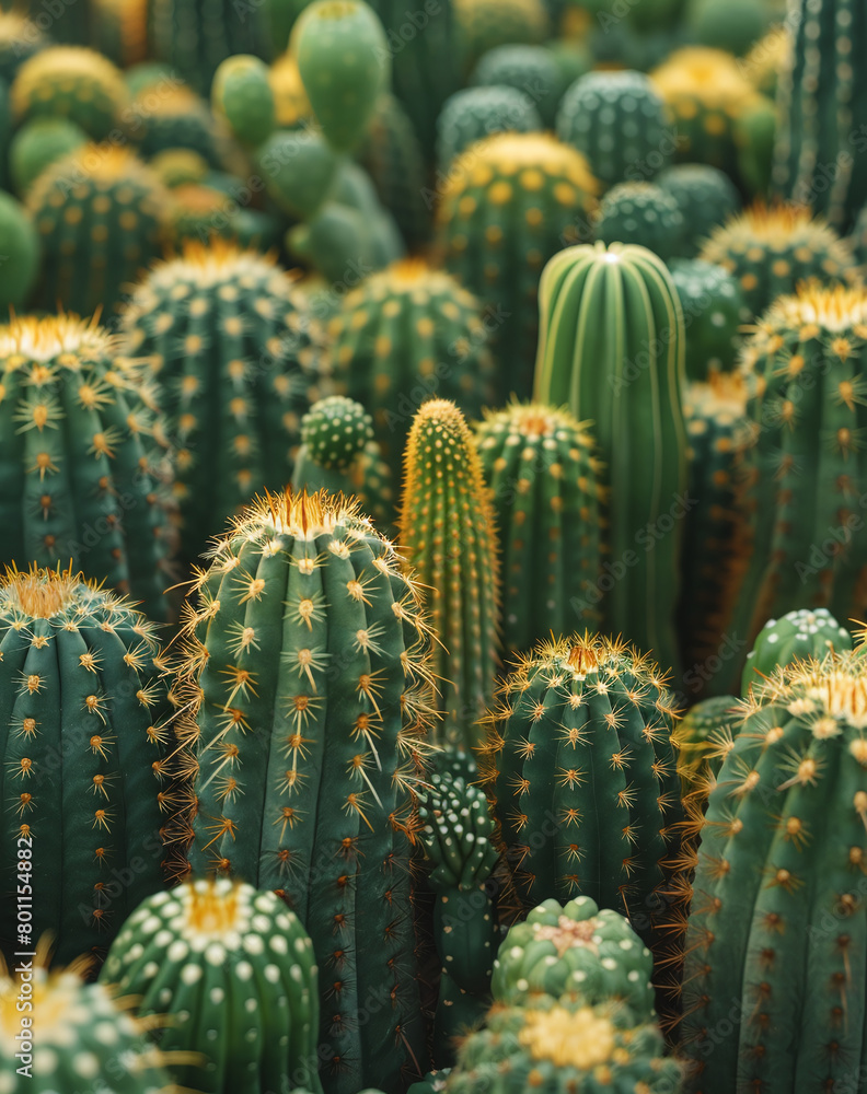Close-up view of various cacti with sharp spines in a garden, showcasing different textures and shades of green. Close-up view of various cacti with sharp spines in a garden, showcasing different textures and shades of green.