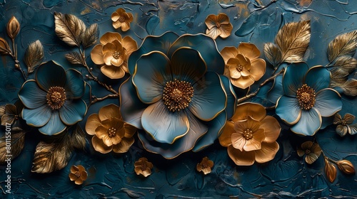   A detailed depiction of blooms against a blue backdrop; gold-hued petals and leaves adorn the painting's base photo