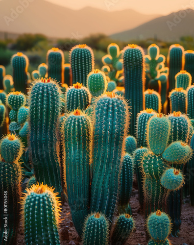 Golden sunlight illuminates a group of tall green cacti with vibrant yellow tips in a desert landscape at sunset.
