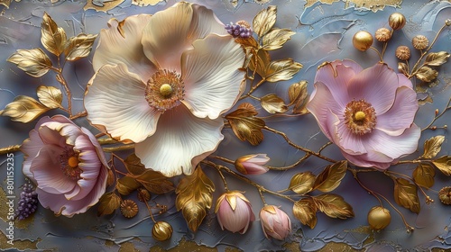   A painting of pink flowers against a blue backdrop  accented by golden leaves and a gold leaf design at the bottom