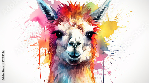 Furry lama is a wild animal in colorful bright colorful watercolor splashes with a cheerful look