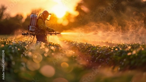 A farmer in protective gear sprays crops with a pesticide applicator during pesticide and fertilizer application.