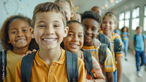 Group of happy little diverse students smiling on camera at campus corridor - Multiracial children inside school building - Education concept - Models by AI generative