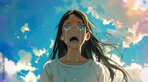 Girl Crying Under the Blue Sky