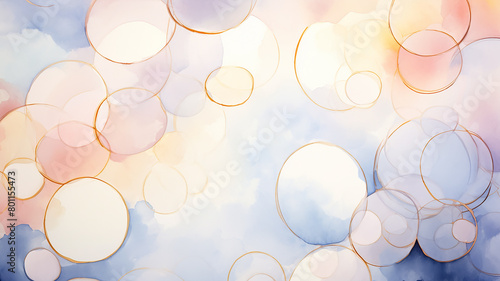 Colored abstract background, golden bubbles, watercolor image in pastel colors