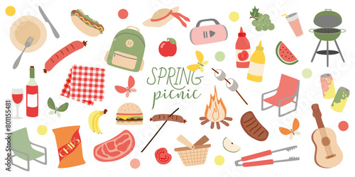 Outdoor elements. Picnic set illustration. Vector Collection of BBQ Objects isolated on white with Fruits, Food, Grill, Chips, Lemonade. Hand Drawn Summer or Spring Flat or Cartoon Design for Poster