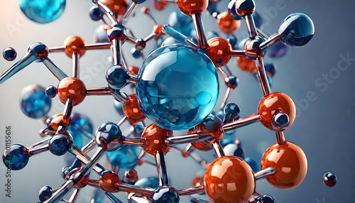 Colorful of 3D crytal molecules and atoms in blue background.