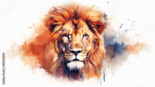 The African lion is the proud king of beasts, a savanna wild animal with a thick red mane splashed with bright watercolor paints © kichigin19