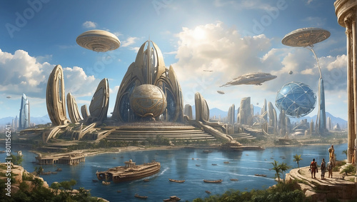 futuristic city with tall buildings, flying cars, and a large ring-shaped structure photo