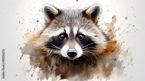 The raccoon is an inquisitive striped wild animal splashed with watercolor paints