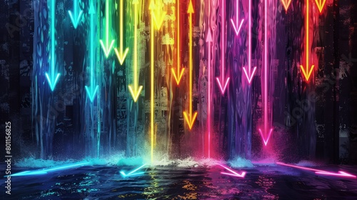A cascade of neon arrows flowing down the canvas  like a waterfall of light.