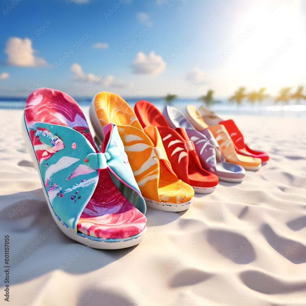 A colorful slippers lineup in the sand beach