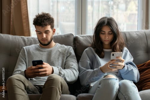 Couple addicted to smartphones ignoring each other at home. Relationship problems, Generative AI