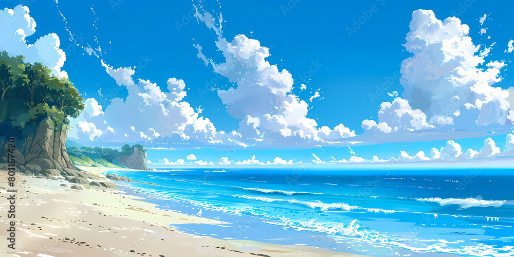 Beauty, sea, beach, hand-painted, illustration