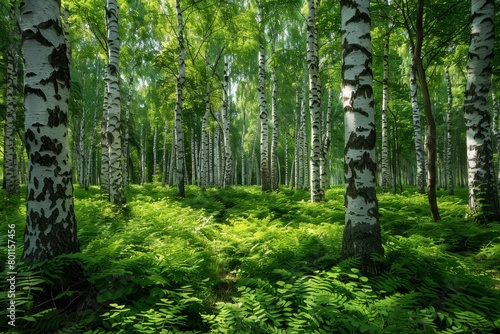 Birch Tree Forest: White bark contrasting with a green forest floor. 