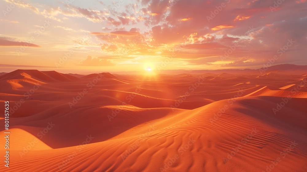 Sunset over the sand dunes in the desert. Arid landscape of the Sahara desert. Gold desert into the sunset.
