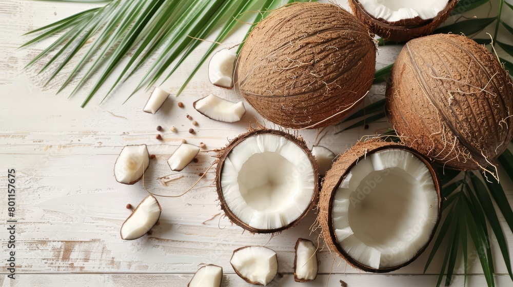 A table holds several coconuts with a palm leaf nearby, and a halved coconut lies beside them A table holds several coconuts with a palm leaf nearby, and a halved coconut lies beside them