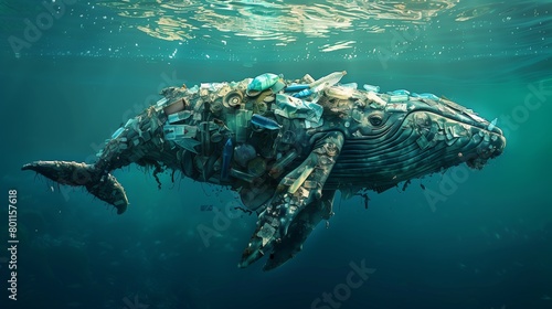 Silhouette of a whale floating in the ocean, the whale consists of empty bottles, paper, food residues, other garbage, human waste. The concept pollution of the world's oceans. photo
