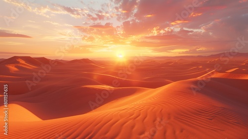 Sunset over the sand dunes in the desert. Arid landscape of the Sahara desert. Gold desert into the sunset. © Vitalii