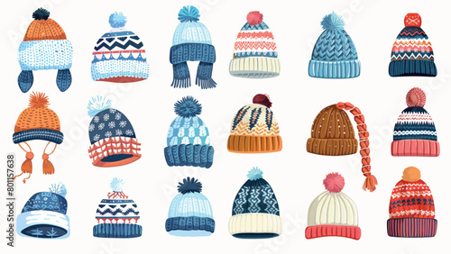 Children hats and scarves. Set of modern illustration icons of children knitted scarves