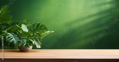 wood table green wall background with sunlight window create leaf shadow on wall with blur indoor green plant foreground. panoramic banner mockup for display of product. eco friendly interior concept 