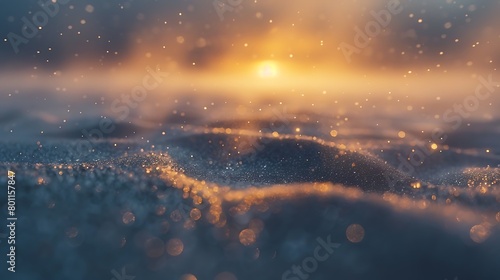 Winter sunrise over a frosty landscape with sparkling snow. Peaceful morning and cold weather concept. Design for greeting card, seasonal wallpaper, and holiday backdrop.