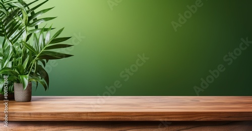 wood table green wall background with sunlight window create leaf shadow on wall with blur indoor green plant foreground. panoramic banner mockup for display of product. eco friendly interior concept 