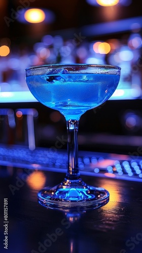 A blue cocktail in a glass on a bar counter