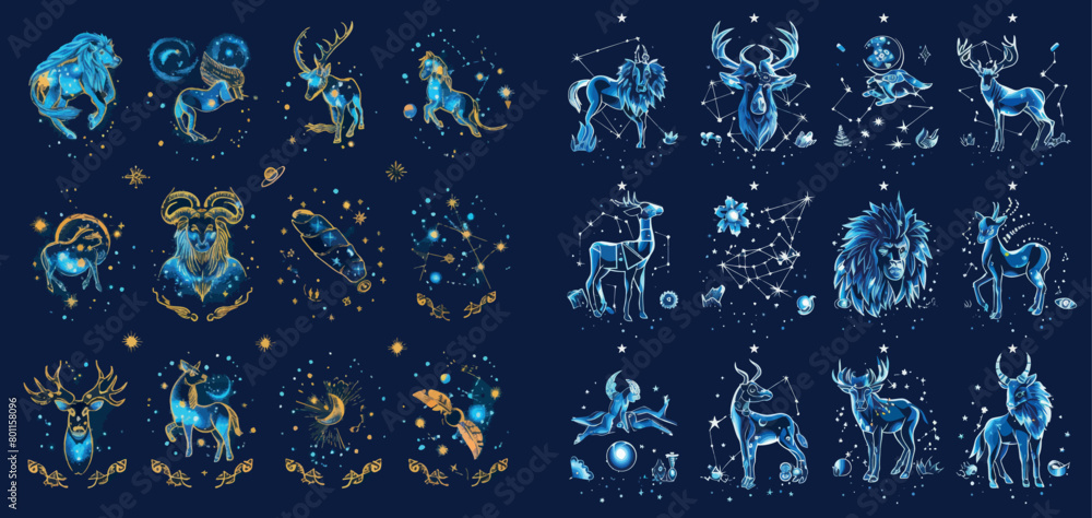Fototapeta premium Zodiac astrological signs. Aries, taurus, leo, and gemini horoscopes, as well as virgo, scorpio, libra and aquarius zodiacs