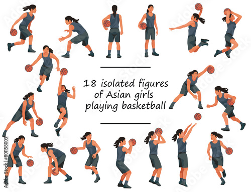 Figures of Asian girls playing women s basketball in black uniforms standing with the ball  running  jumping  throwing  shooting  passing the ball