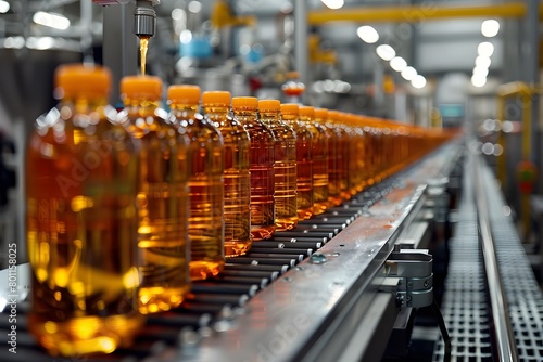 Automated Bottling Production Line with Conveyor Belts and Industrial Equipment