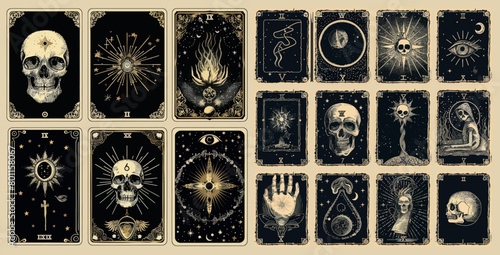The occult magic tarot cards are hand drawn tarot cards with skulls, lotuses, and evil eyes.