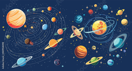 The solar system in cartoon form. Orbits of the celestial bodies and satellites