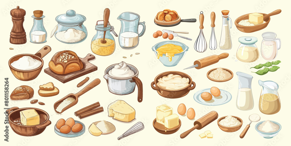Bakery ingredients modern illustration set. Including baking flour, eggs, butter and milk. Bakery ingredients modern illustration set. Including baking flour, eggs, butter and milk.
