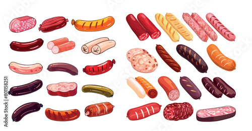 In this modern illustration set you will find chicken, pork, beef and salami sausages, as well as grocery meat hot dogs.