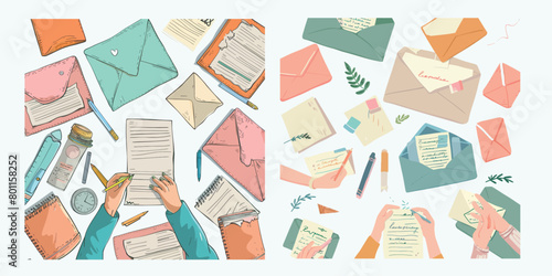 The hand with envelopes and letters. Envelopes, postcards and letters top view, girls write, send and read letters.