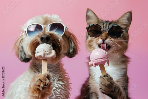 Dog and cat with sunglasses are eating ice cream, funny pets, pink background